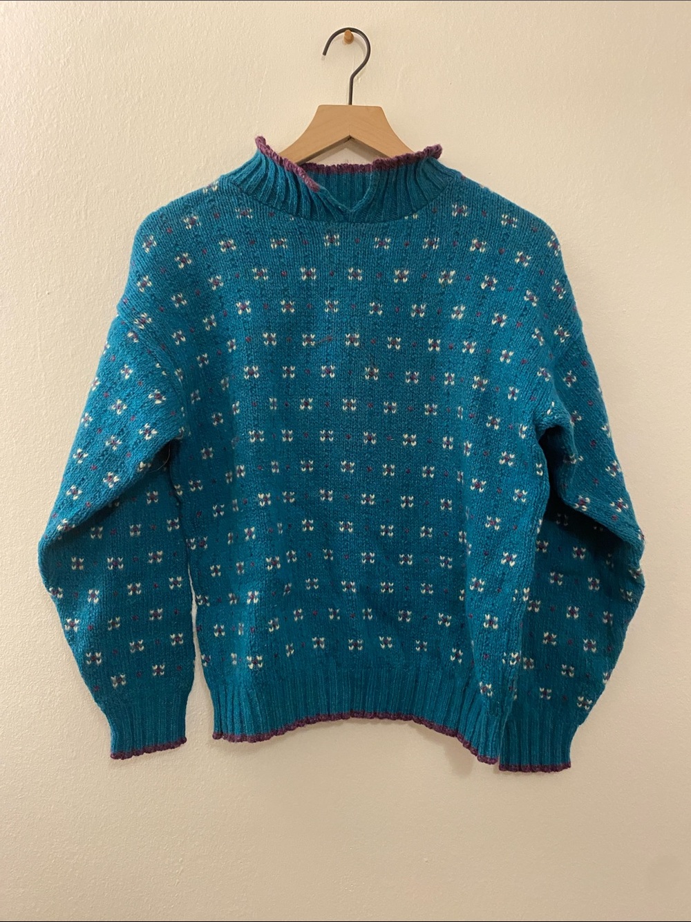 Vintage REI Teal Blue Wool Knit Turtleneck Sweater with Maroon Trim